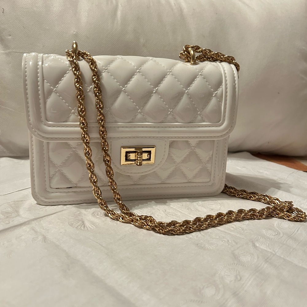 White Plastic Quilted Crossbody Bag with Gold Chain